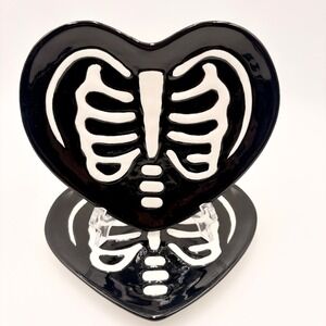 Spooky Hollow Skeleton Heart Rib Cage Ceramic Plates Set of 2 Black White Goth